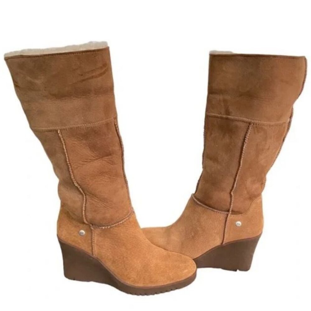 UGG Joslyn Tall Shearling Wedge Boot #1941, Chestnut Brown, Women's Size 9
